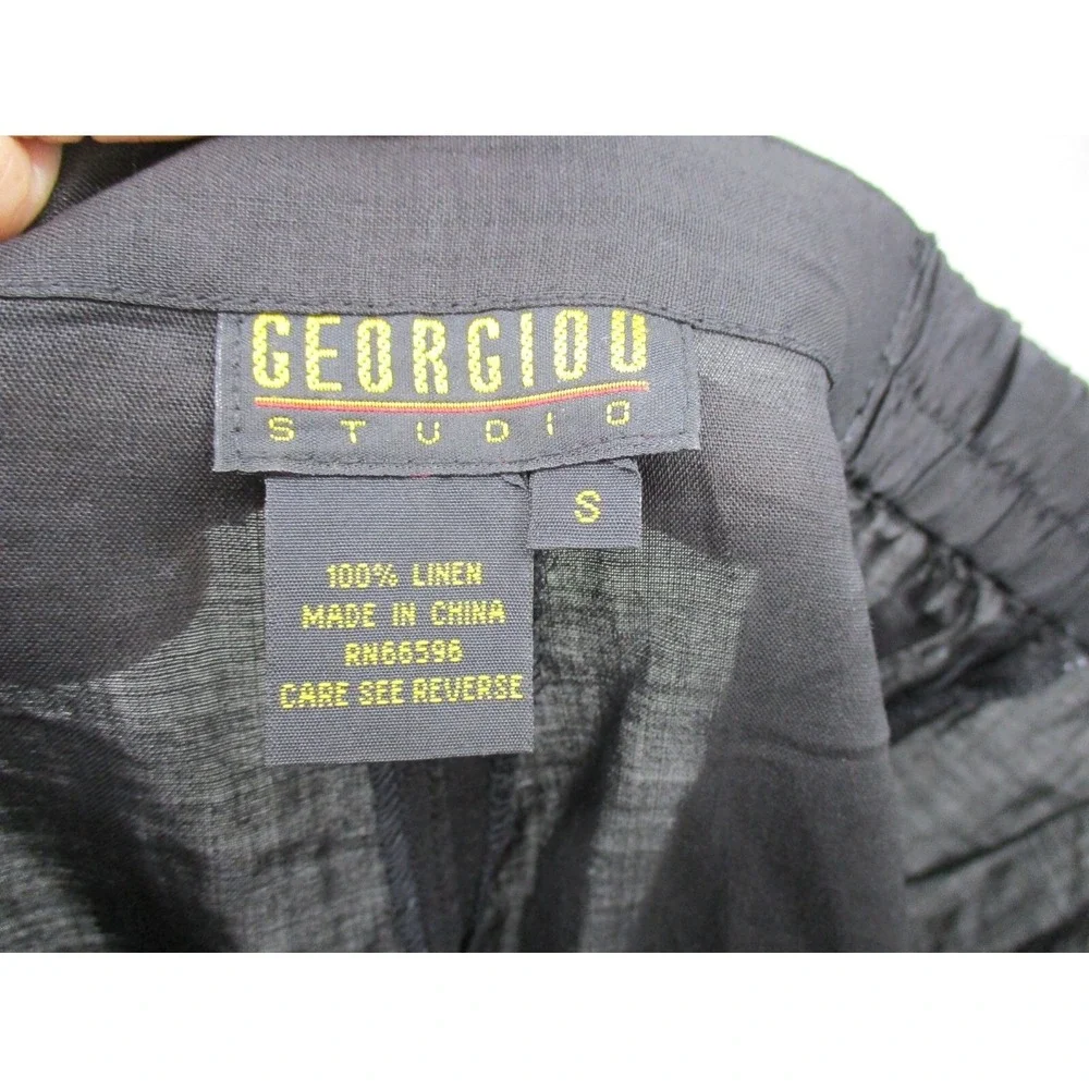 Vintage Georgiou Studio Pants Womens Size S Linen Embroidered Hem Wide Leg Black